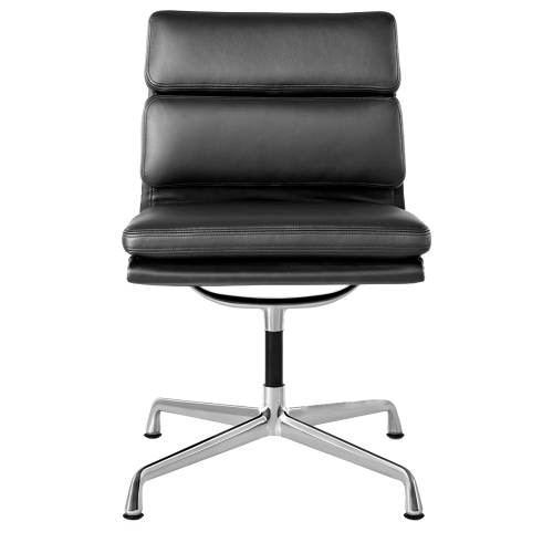 Eames - Upholstered Guest Chair with Cushions, Polished Aluminum Base, Black Leather Upholstery, 2109-1