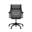 Hexi is a work chair with a black base and orange upholstery, on wheels.-2