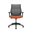 Hexi is a work chair with a black base and orange upholstery, on wheels.-6