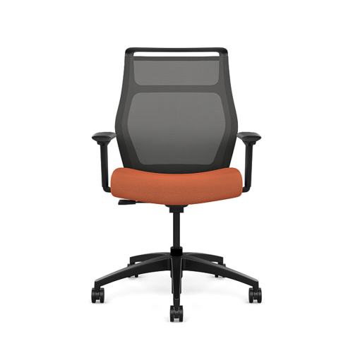Hexi is a work chair with a black base and orange upholstery, on wheels.-6