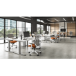 Hexi is a work chair with a black base and orange upholstery, on wheels.-8