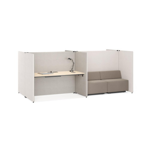 Quad of 4 working stations MY SPACE, wooden panles, private fabric screens